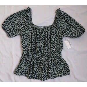 NWT Nine West Square Neck Peplum Blouse Green Floral Print Short Sleeve Medium